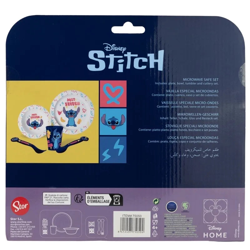 Disney Stitch – 5 dalių mikrobangų krosnelėje tinkamas valgymo rinkinys iš Palms kolekcijos (lėkštė, dubenėlis, puodelis, šakutė, šaukštas)