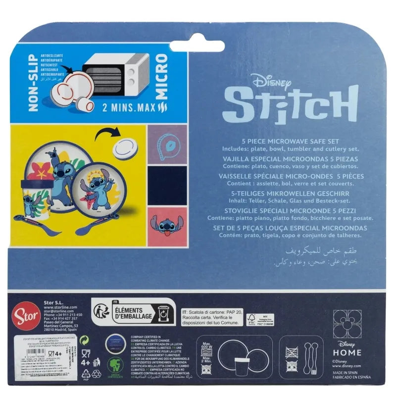 Disney Stitch – neslystantis indų rinkinys mikrobangų krosnelei, 5 dalių (lėkštė, dubenėlis, puodelis, šakutė, šaukštas)