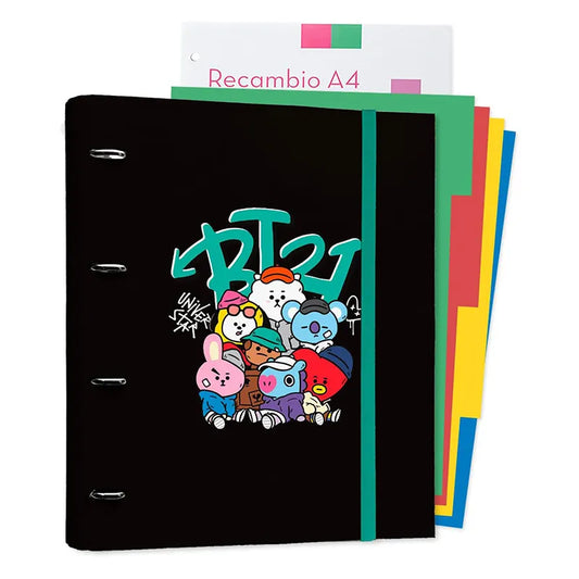 BT21 - „Street Mood“ kolekcijos A4 formato segtuvas su lapais (4 žiedai, elastinė juosta)