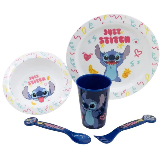 Disney Stitch – 5 dalių mikrobangų krosnelėje tinkamas valgymo rinkinys iš Palms kolekcijos (lėkštė, dubenėlis, puodelis, šakutė, šaukštas)