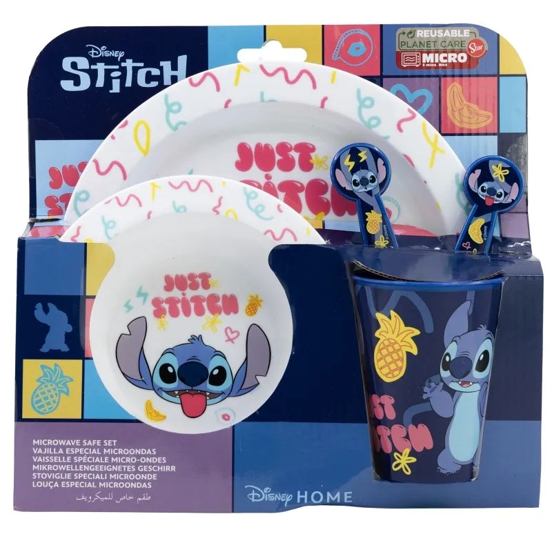 Disney Stitch – 5 dalių mikrobangų krosnelėje tinkamas valgymo rinkinys iš Palms kolekcijos (lėkštė, dubenėlis, puodelis, šakutė, šaukštas)