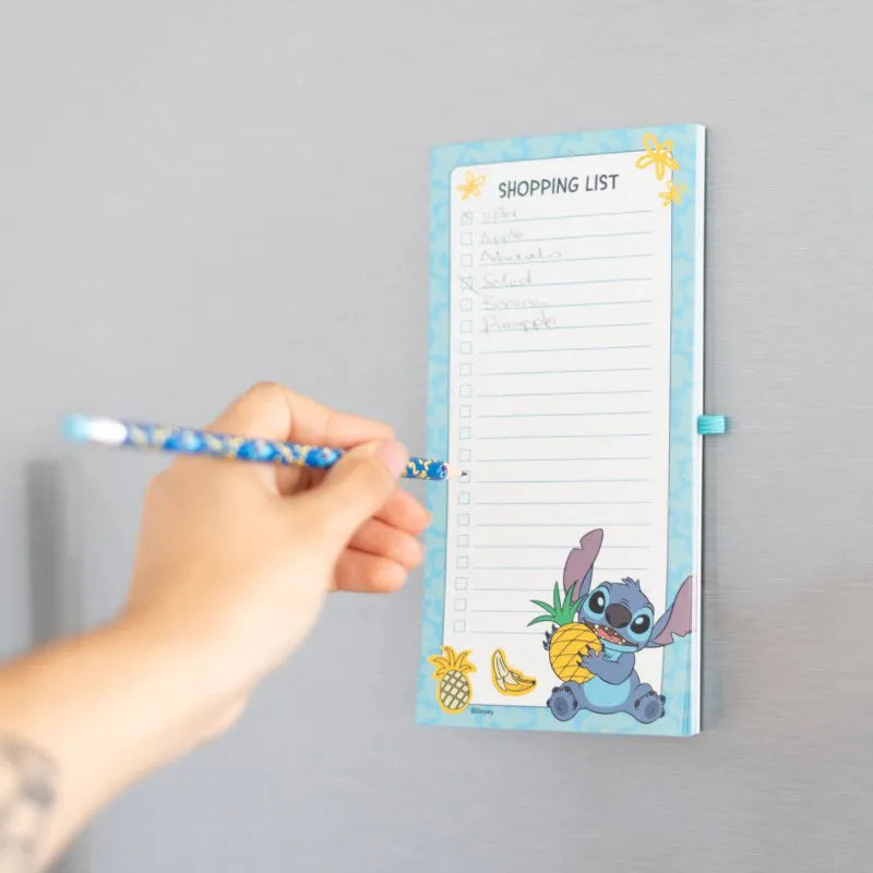 Disney Stitch – magnetinis užrašų knygelė / pirkinių sąrašas šaldytuvui su pieštuku (Tropical kolekcija, 10 x 21 cm)