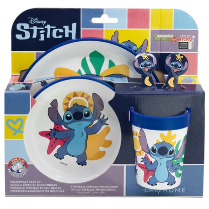 Disney Stitch – neslystantis indų rinkinys mikrobangų krosnelei, 5 dalių (lėkštė, dubenėlis, puodelis, šakutė, šaukštas)