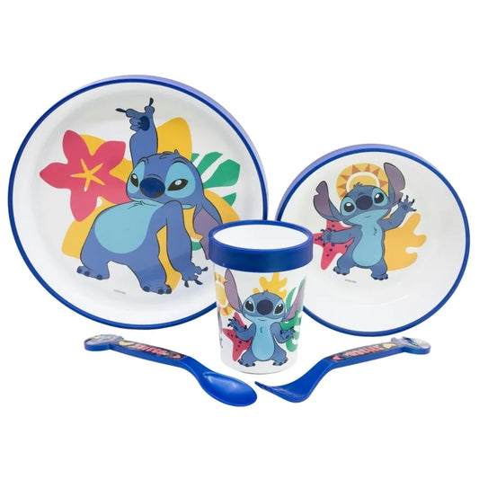 Disney Stitch – neslystantis indų rinkinys mikrobangų krosnelei, 5 dalių (lėkštė, dubenėlis, puodelis, šakutė, šaukštas)