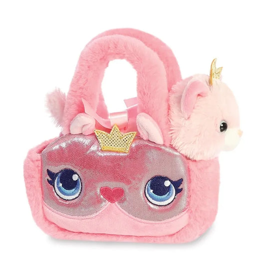 Fancy Pals – pliušinė princesė katytė su auksine karūna rožiniame krepšyje, 20 cm, ekologiška