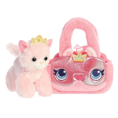 Fancy Pals – pliušinė princesė katytė su auksine karūna rožiniame krepšyje, 20 cm, ekologiška