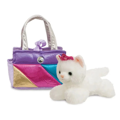 Fancy Pals – Pliušinė princesės katytė su rožine karūnėle vaivorykštiniame krepšelyje 20 cm, ekologiška
