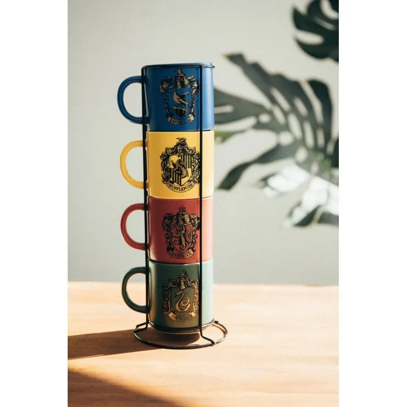 Harry Potter – 4 keraminių puodelių rinkinys su stovu, 300 ml, Hogvartso koledžai