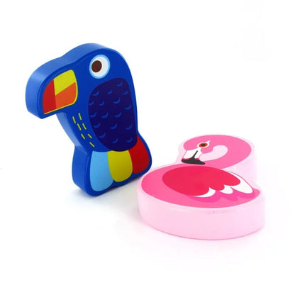 Mediniai barškučiai (Flamingas, Toucan), atsitiktinis modelio pasirinkimas