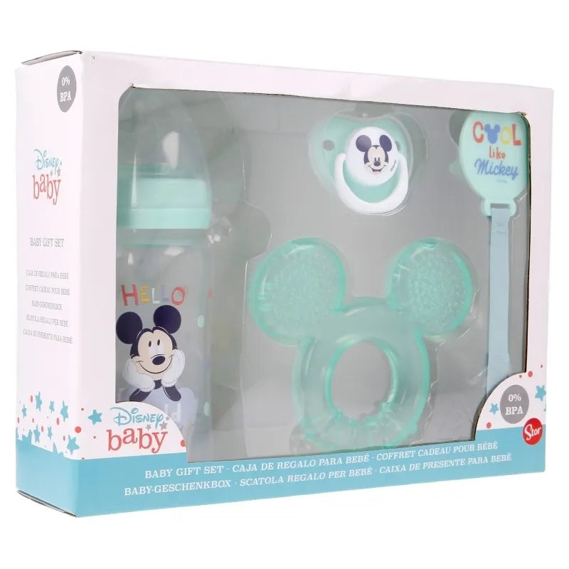 Mickey Mouse – Kūdikio rinkinys (buteliukas 240ml, anatominiu čiulptuku, kramtuku, laikikliu) (Cool)