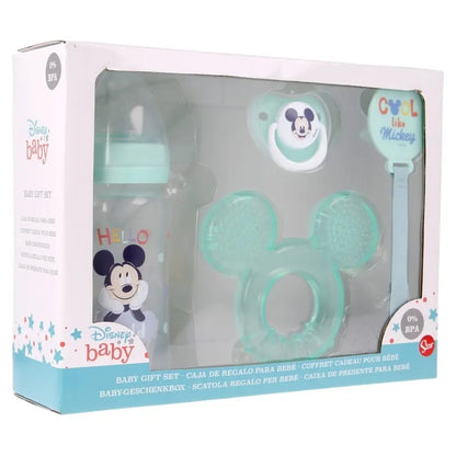 Mickey Mouse – Kūdikio rinkinys (buteliukas 240ml, anatominiu čiulptuku, kramtuku, laikikliu) (Cool)