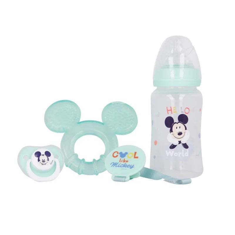 Mickey Mouse – Kūdikio rinkinys (buteliukas 240ml, anatominiu čiulptuku, kramtuku, laikikliu) (Cool)