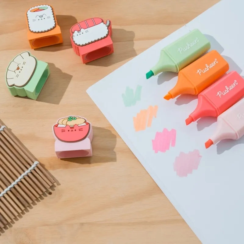 Pusheen – žymeklių rinkinys, 4 spalvos su 3D sušių figūrėlėmis