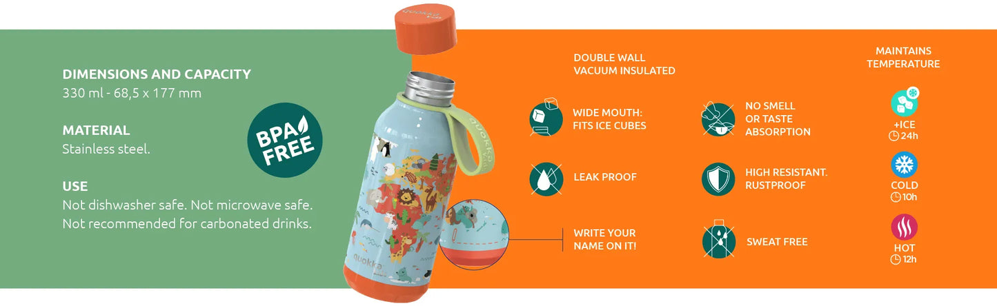 Quokka Solid Kids su dirželiu – 330 ml nerūdijančio plieno termogertuvė su dirželiu (Jungle)