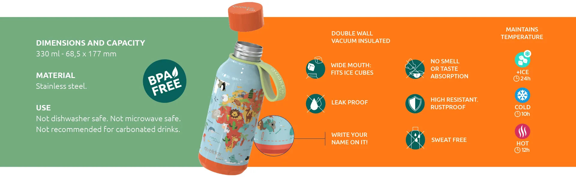 Quokka Solid Kids su dirželiu – 330 ml nerūdijančio plieno termogertuvė su dirželiu (Jungle)